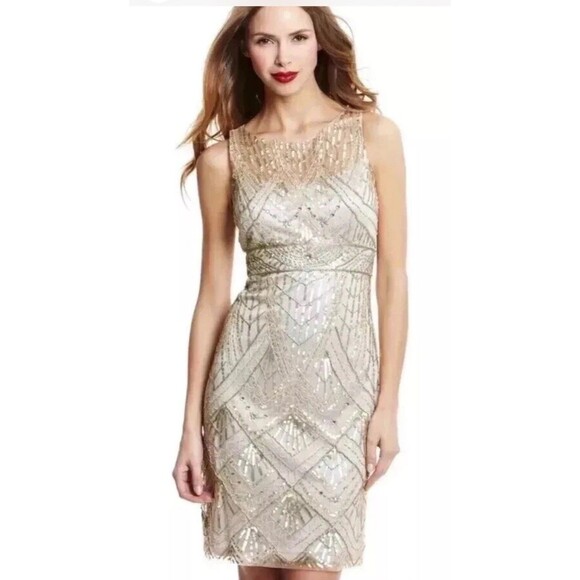 SUE WONG 10 Champagne Silver Beaded Sequin Bridal Formal Cocktail Evening Dress - Picture 1 of 16